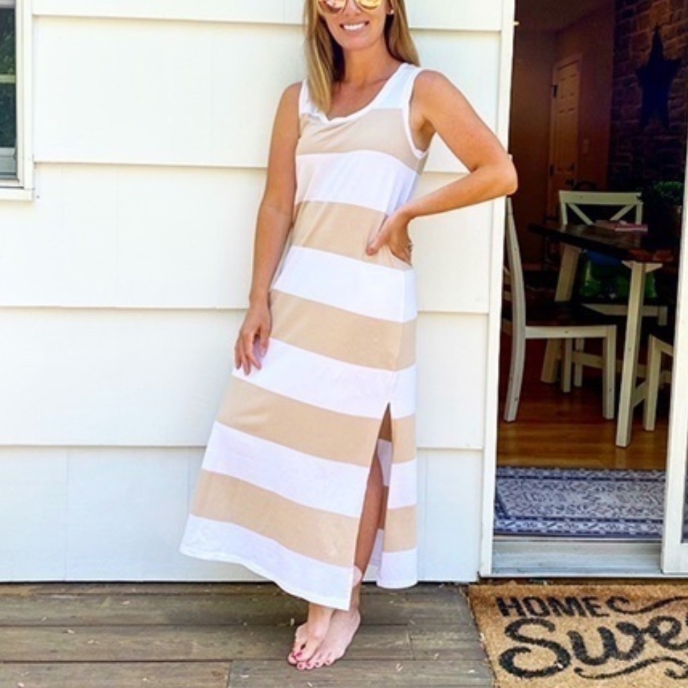 Striped Tank Maxi Dress in Beige and White